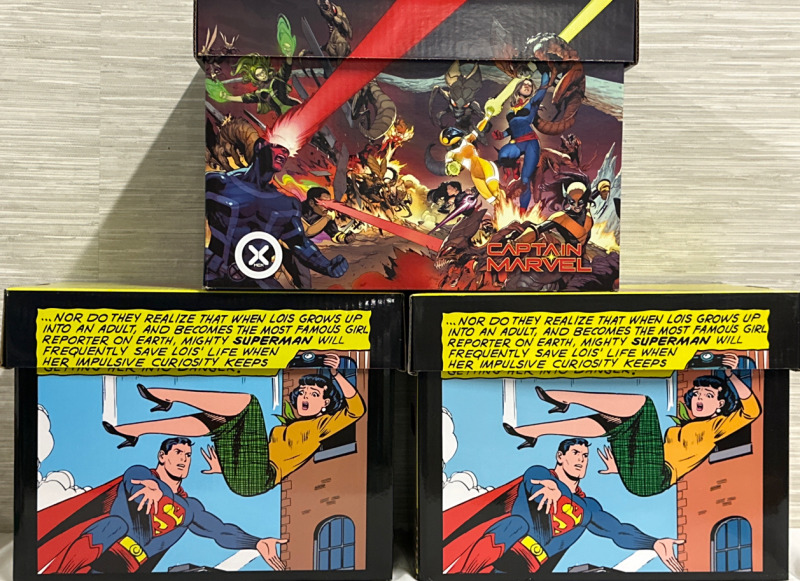 3 Comic Boxes 2 Superman Vintage Comic Graphics 15” 1 Captain Marvel Graphic 16”