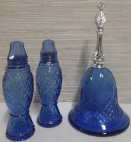 Vintage Avon 1976 Cobalt Blue Glass Bell Shaped Bottle & Salt/Pepper Shakers