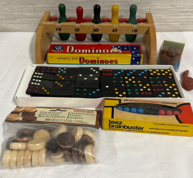 Vintage Toy Lot Including Dominoes, Kroeger Game Pieces, Brain Buster’s and Bowling