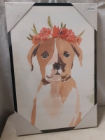 New Wooden Canvas Dog Wearing Flowers Printed Wall Art ( 16 x 24 Inches )