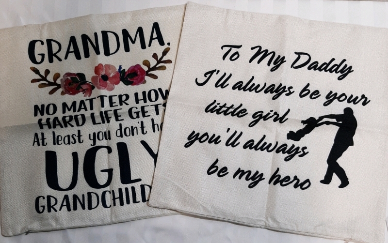 2 New in Bag Pillow Covers, 1 for Your Grandmother & 1 for Your Dad. 17.5" X 17.5"