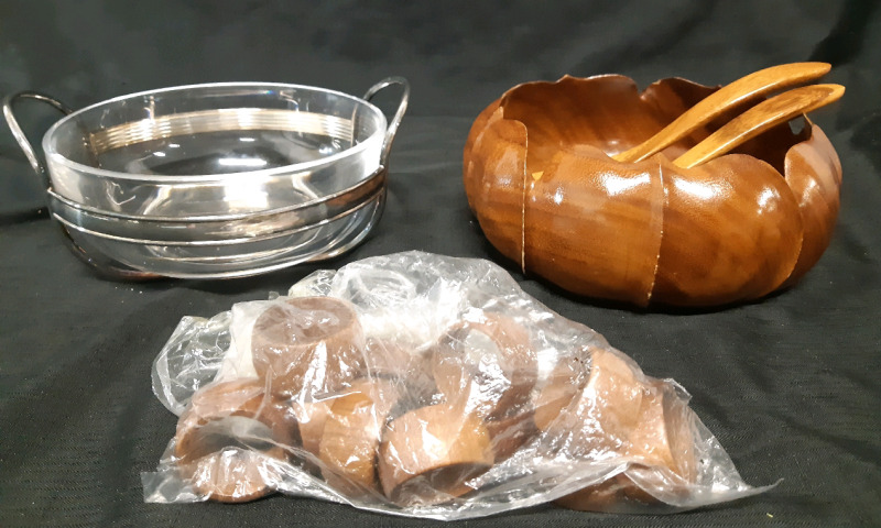 Vintage French Glass Sugar Bowl 8" In Diameter and Carved Flower Scalloped Bowl With Wooden Spoon, Fork and Rings 8" In Diameter