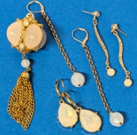 Vintage Park Lane Golden Rhinestone & Moonstone Jelly Belly Charm Pendant (3.5" Long) with3 Pairs of Earrings