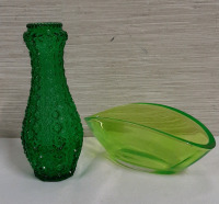 Vintage 10" Green Glass Vase and 10" Oval Bowl