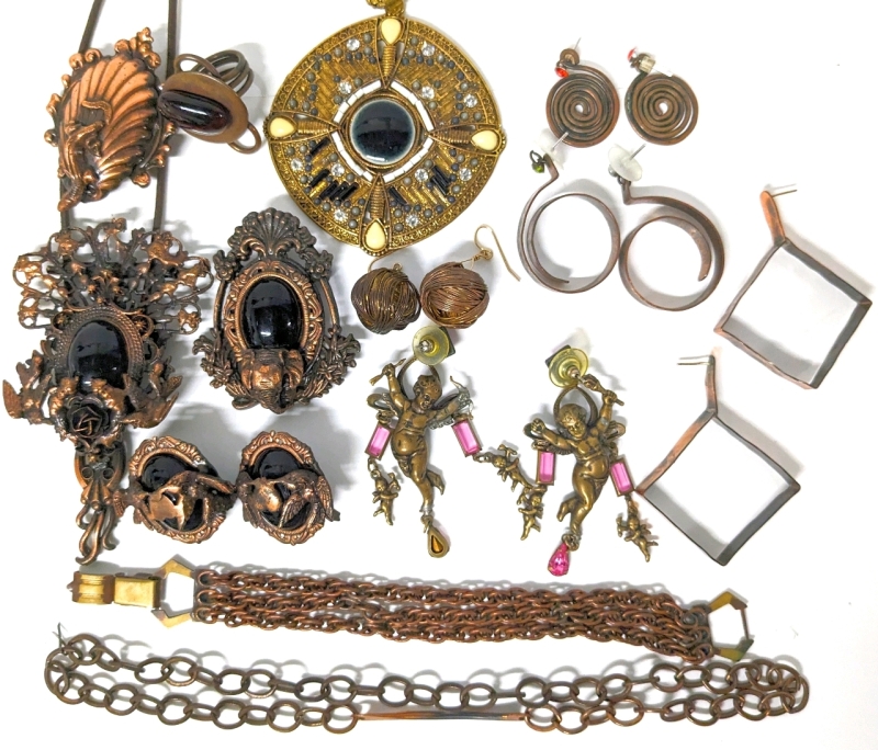 Vintage to Modern Brass & Copper-Tone Jewelry: Pendants, Brooches, Earrings & Bracelet