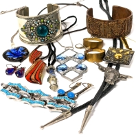 Assorted Vintage to Modern Art Glass & Metal Jewelry: Cuff Bracelets, Earrings, Pendants, Necklaces, Brooch, Necklaces & Bolo Tie