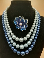 Stunning Vintage Triple Strand Pearl Necklace in Shades of Blue with Blue Floral Brooch Bordered in Silver with a Center Pearl That Can Also Be Worn on a Chain