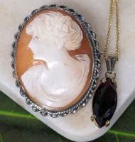 Dainty Vintage Signed Bond Boyd Pendant on Sterling Silver Chain & Gorgeous Real Shell Cameo Brooch