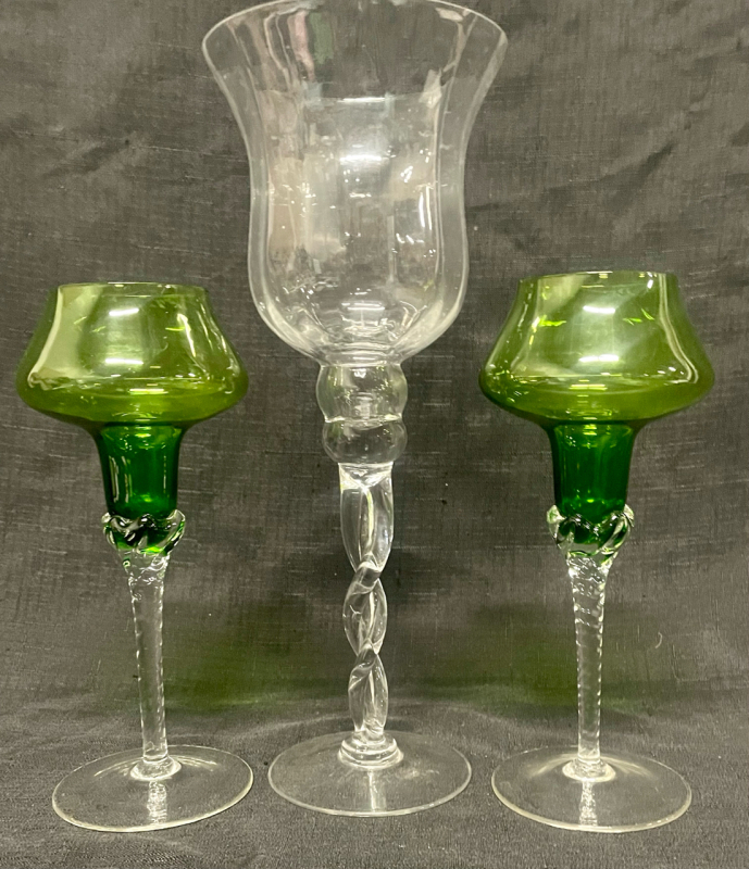 3 vintage art glass with double twist stems