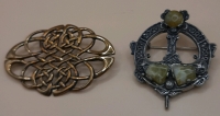 2 Vintage Celtic Pins, 1 Bronze Toned That Can Also Be Worn with a Chain and 1 Clan Brooch with Marble Like Stones