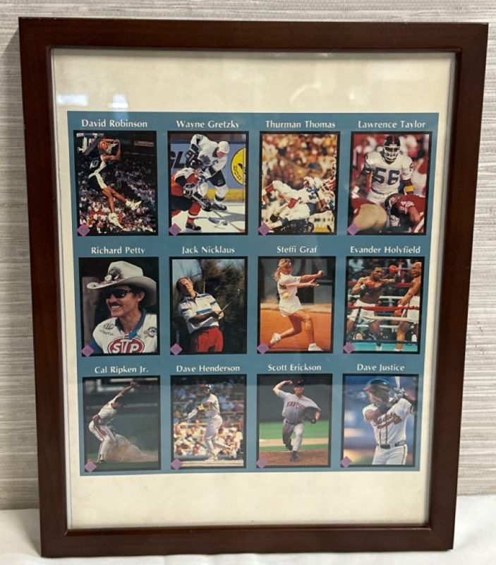 Vintage 1991 Tuff Stuff 12 Card Uncut Sheet Nicklaus Ripken Wayne Gretzky Robinson Petty Framed 15” x 12”