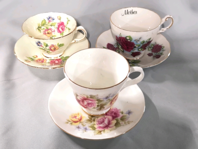 3 Vintage Teacups & Saucers - Crown Trent, Sutherland & Royal Stuart