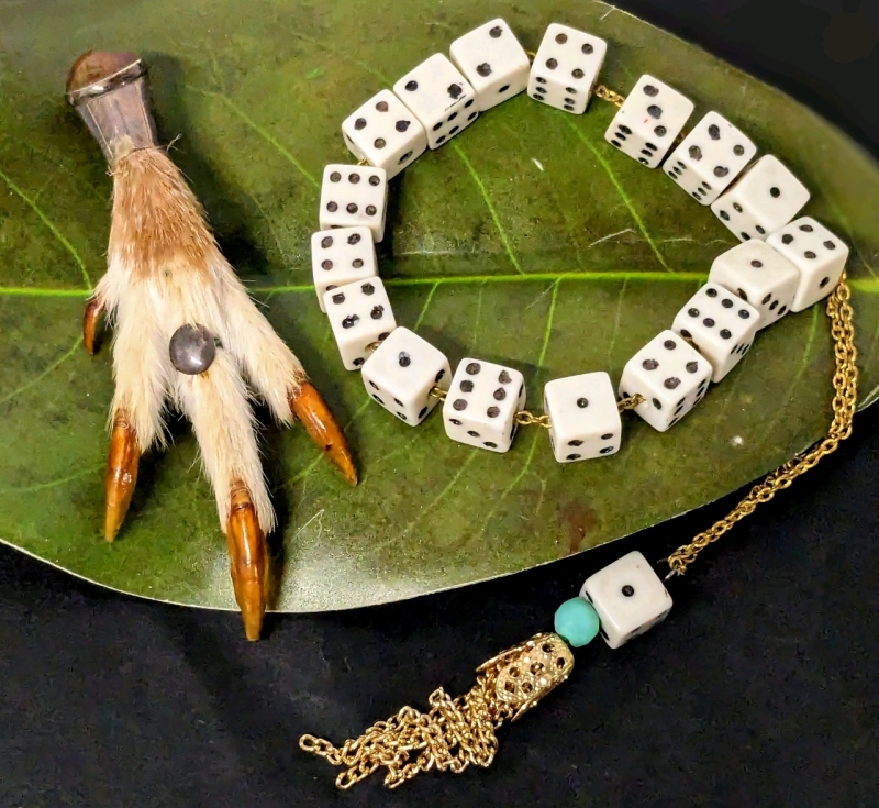 Unique Vintage & Weird Real Grouse Foot Brooch (3.25") & Bone Dice Komboloi / Worry Beads (Approx 11" Long, Dice are 0.25" Square)