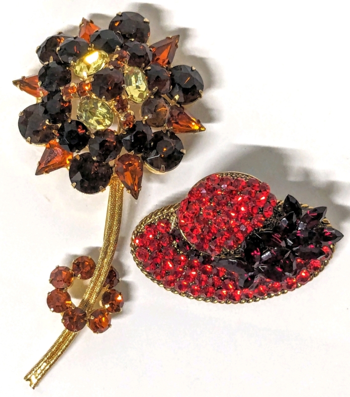 2 Large Vintage Statement Brooches : Fancy Hat (2.25" x 1.5") & Amber Flower (4" Long)