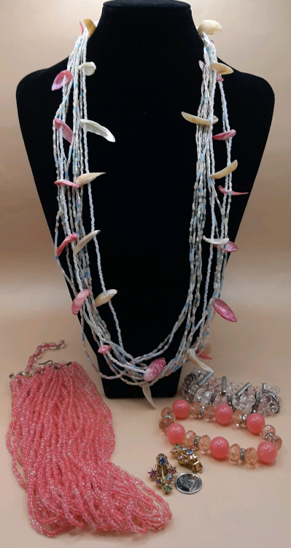 Vintage Jewellery with Colour! Multi Strand Multi Coloured Beaded Necklace with Shells,Multi Strand Pink Necklace, 2 Beaded Bracelts with Rhinestones & a Beautiful Pair of Clip On Earrings with Multi Coloured Stones