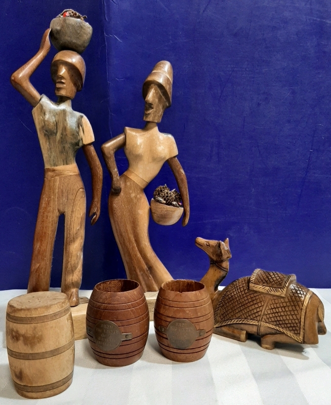 2 Vintage Hand Carved Figures, a Kneeling Camel, 2 Barrels Made from the Timber of British Battleship and a Salt Shaker Shaped Like a Barrel