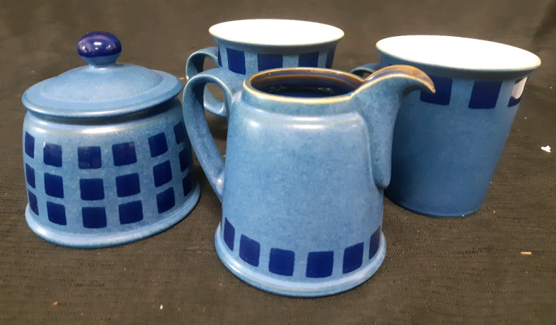 New Denby Reflex Sugar and Creamer Holder and 2 Ceramic Coffee Mugs