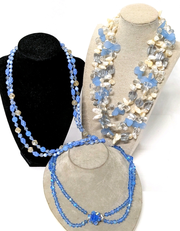 3 Sky Blue & Beautiful Vintage Necklaces with Toggle & Box Clasps