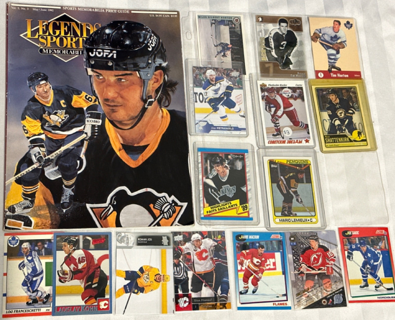 1992 Legends Sports Memorabilia Guide Vol. 5 No. 3 Mario Lemieux 9 Card Uncut Sheet Inside and 12 NHL Hockey Cards Including 1989 O-Pee-Cher Wayne Gretzky & 1990 Topps Mario Lemieux