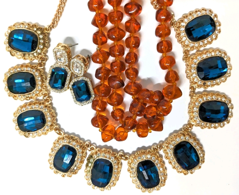 Vintage 20" Necklace & Earrings Set Rose Gold and Rhinestones & Long Amber Glass Necklace 44"