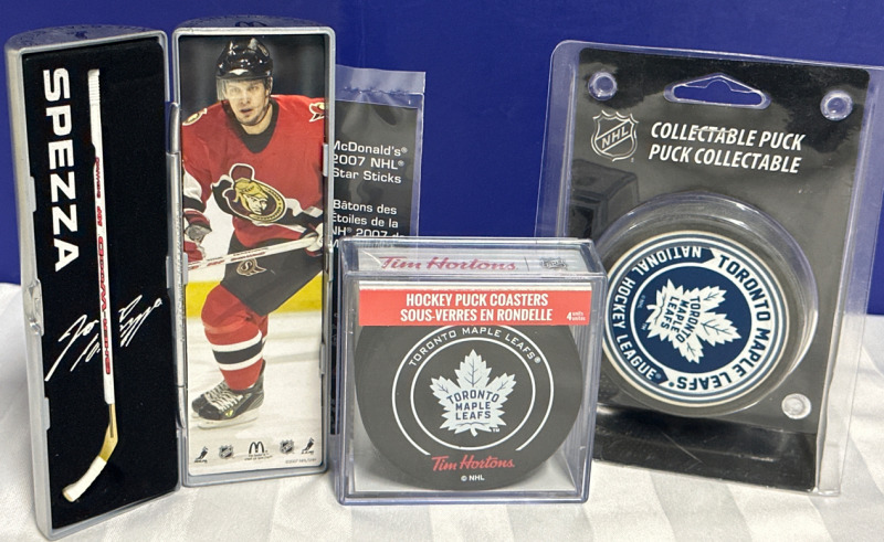 3 Piece NHL Collectors Lot Including Tim Hortons Toronto Maple Leafs 4 Hocky Puck Coaster Set NHL Toronto Maple Leafs Collectable Puck & 2007 McDonald’s Star Stick Spezza Mini Stick