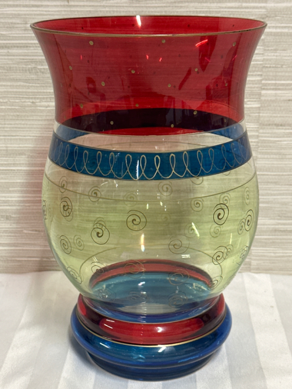 Vintage Colour Block Decorative Glass Vase 10.5” Tall 6.5” Diameter Some Wear