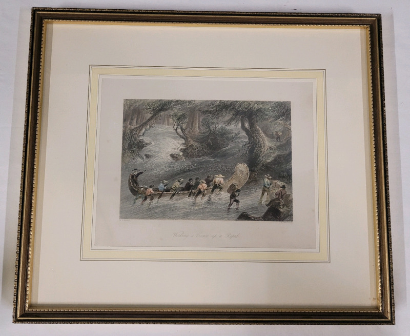 " Working a Canoe Up A Rapid " by William Henry Bartlett . Framed Hand Coloured Steel Engraving . No COA