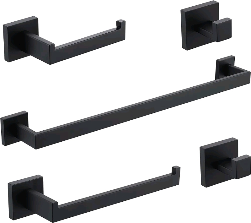 New KIRLYSTONE Matte Black Bathroom Accessories Set of 5 Stainless Steel Square Wall Mounted 24 Inch