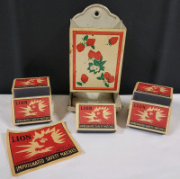 Vintage Red Strawberry Match Safe w/Vintage LION Safety Matchsticks (9 boxes) + LION Label