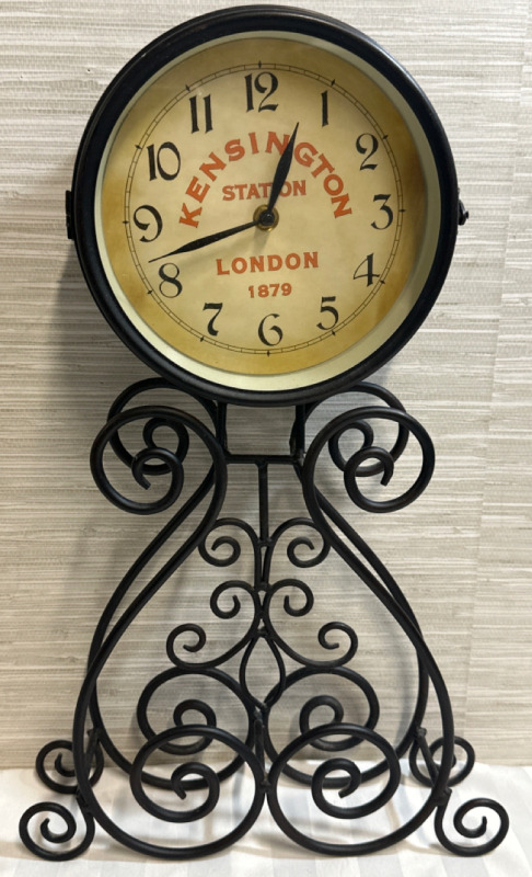 Kensington Station London 1879 Metal Double Sided Train Station Decor Clock 19” Tall 7.5” Diameter One Side of Clock Does Not Work