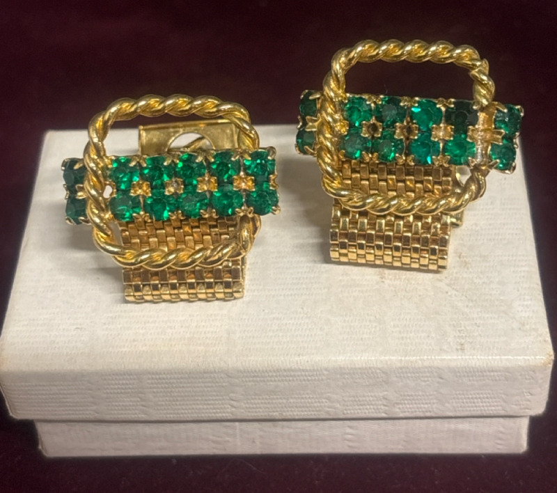 Vintage Green Rhinestone Mesh Wrap Around Cufflinks Set