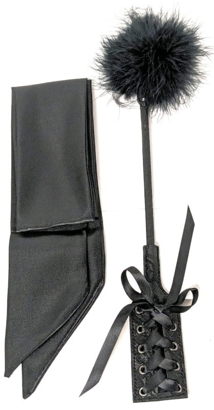 [Adults Only] New LushPlus Feather Tickler / Riding Crop Combo (15") & Black Satin Blindfold (3" x 64")