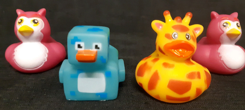 4 Floating Rubber Ducky Water Toys for Kids Includes; A Minecraft Duck A Giraffe Duck and 2 Owl Ducks ( 2" Tall )