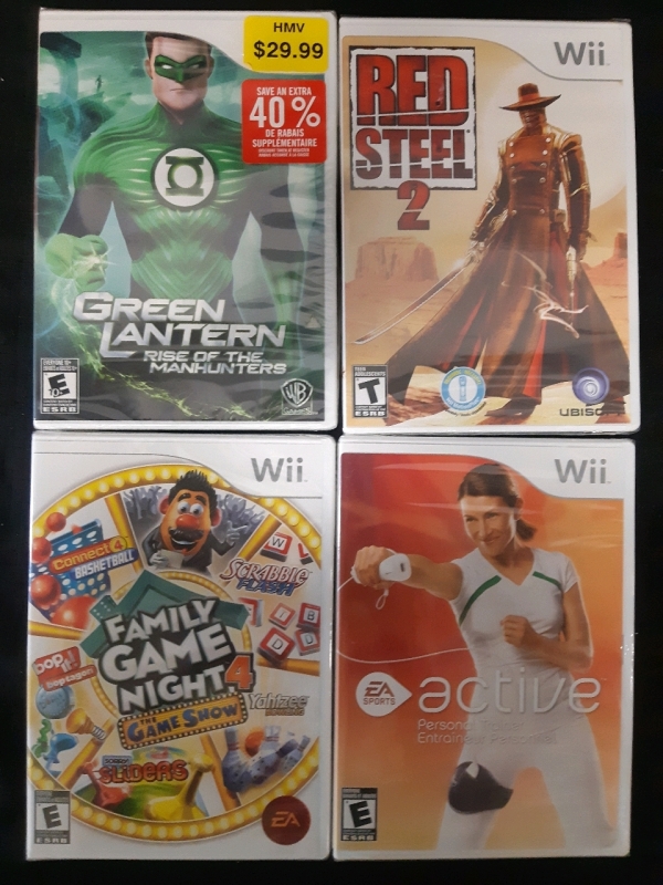 4 New Sealed Wii Games Lot Includes; Family Game Night 4 The Game Show, Active, Red Steel 2 and Green Lantern Rise Of The ManHunters