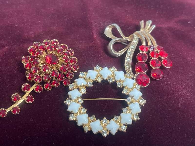 3 Vintage Brooches Red Rhinestones & Diamond Shape Opaques