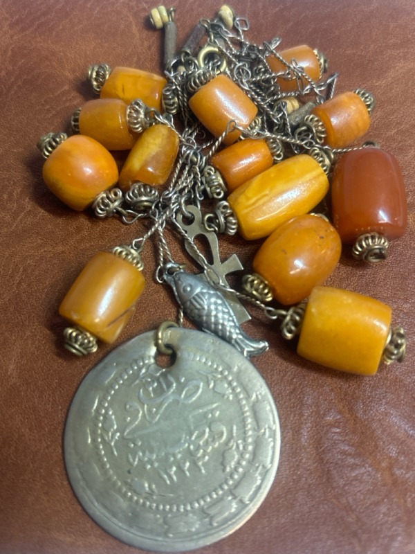 Vintage Natural Amber Necklace Medalian & Ankh and Fish