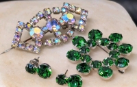 Vintage Rhinestone Jewelry: Aurora Borealis Brooch (2.4" x 0.8") & Emerald Green Brooch (1.6" D) & Earrings (0.6" Long)