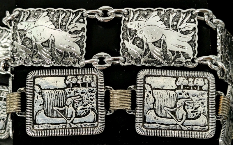 2 Vintage Lightweight Metal & Metallic Panel Belts : Goldfish / Koi & Native American in Canoe | 1.15" - 1.2" Wide x 25.5" - 33" Long
