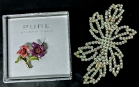 Large Vintage Rhinestone Hair Barrette (5 2" Long x 3" Wide) & Alfred Sung Pure Rhinestones & Enamel Flower Brooch (1.75" Long) in Box