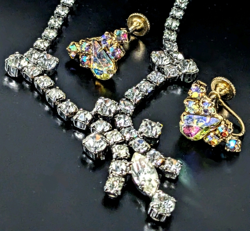 Vintage Signed Continental Jewelry: Clear Rhinestone Necklace (15" Long) & Pair of Vintage Screw-Back Aurora Borealis Rhinestone Earrings (0.5" Long)