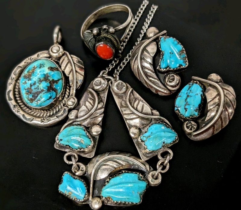 Gorgeous Signed Turquoise Jewelry: FE / BE Necklace (17"), Chapo Pendant (1.25" Long), FE Clip-On Earrings (1" ea) & Lovely Vintage Ring Size 9 Signed "A"