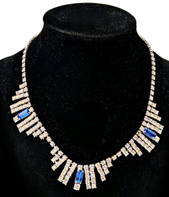 Vintage Blue Baguette & Clear Rhinestone Necklace | 15" Long