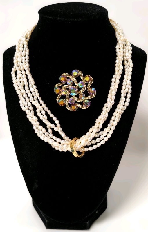 Vintage River Pearl Lariat-Style Necklace (35" Long) with Slide-Clasp Loop and Vintage Signed CORO Iridescent Aurora Borealis Gold Tone Brooch (1.75" Diameter)