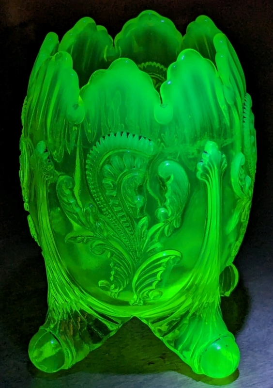 Vintage Unsigned Northwood Opalescent Crest Uranium Vaseline Glass Inverted Fan and Feather Footed Rose Bowl | 4.7" Tall