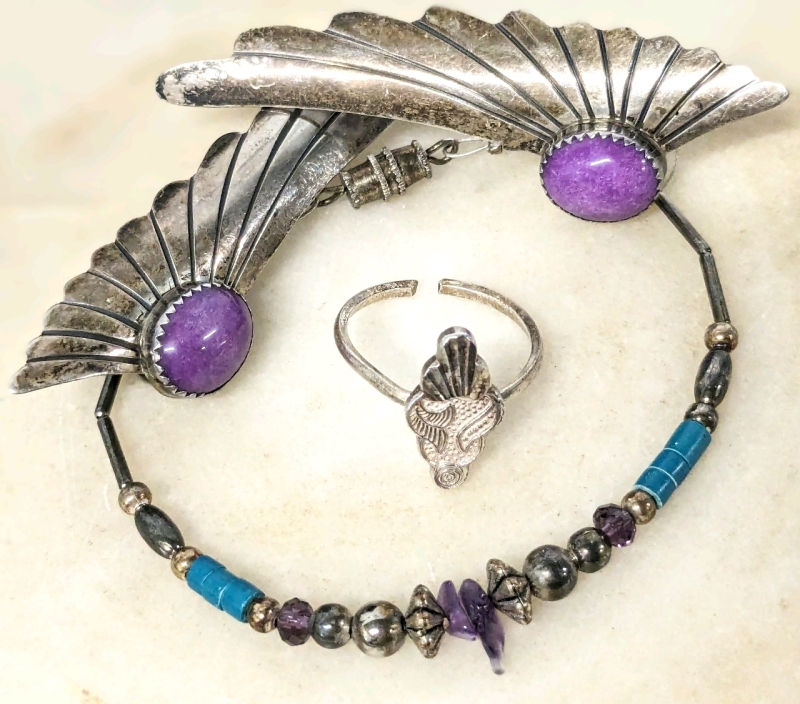 Vintage Unstamped Sterling Silver Jewelry: Valkyrie-Style Earrings (2.6" Long), Open-Back Ring (Size 7), Bracelet with Amethyst Chip Beads (7")