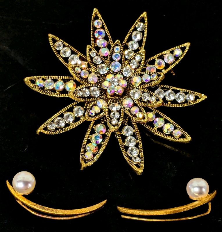 Lovely Large Vintage Aurora Borealis Rhinestone Flower Brooch (2.5" Diameter) & Pair of Arc Hook-Style Earrings (1.25" Long ea)