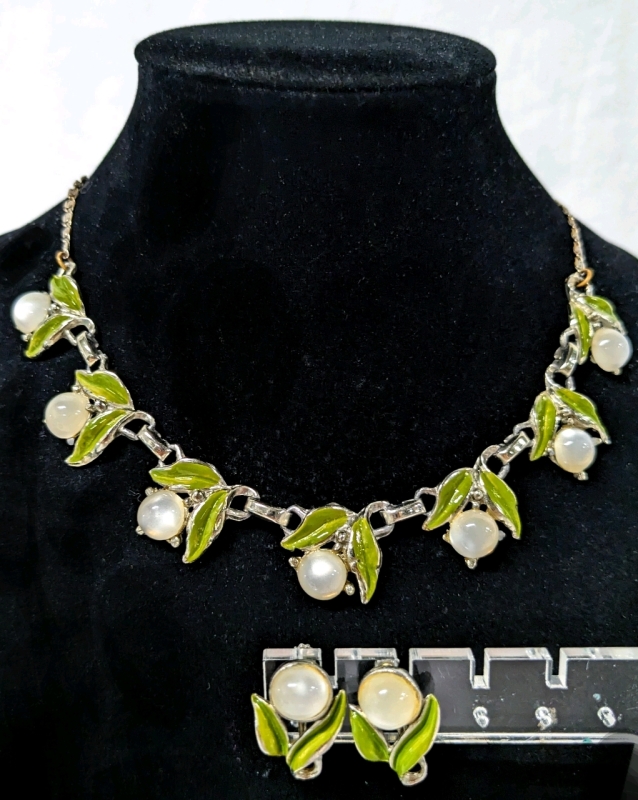 Lovely Vintage Jewelry Set with Enameled Leaves and Milky Moonstone-Style Stones | Necklace (16.5") & Screw-Back Earrings (1" Long ea)