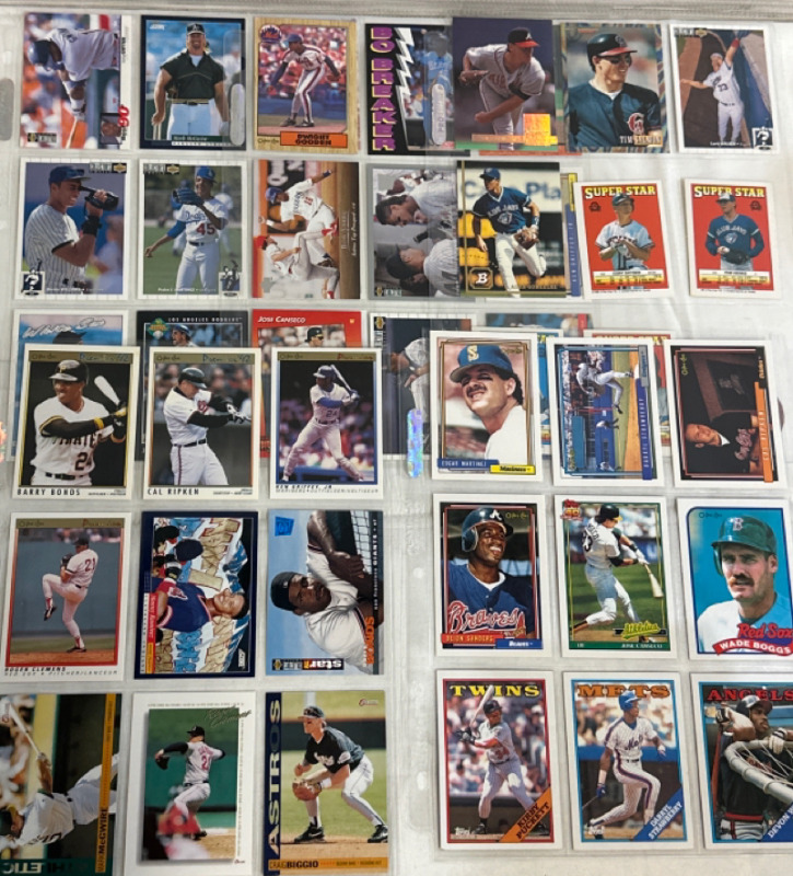 45 Vintage MLB Baseball Trading Cards 80’s & 90’s Topps O-Pee-Chee Upper Deck Jose Canseco Deion Sanders Ken Griffey Jr Barry Bonds ( 5 Sheets )