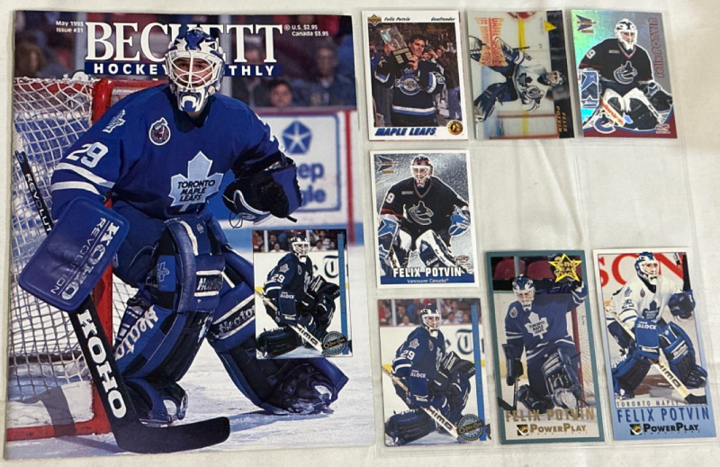 Felix Potvin Collection Including 1993 Beckett Magazine & 8 Assorted NHL Hockey Trading Cards Toronto Maple Leafs Vancouver Canucks