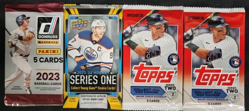 2 Packs Topps Series Two 2023 & 1 Pack Donruss Panini 2023 Baseball Cards - 1 Pack Upper Deck Series One 2023-2024 Hockey Cards *All Packs Sealed*